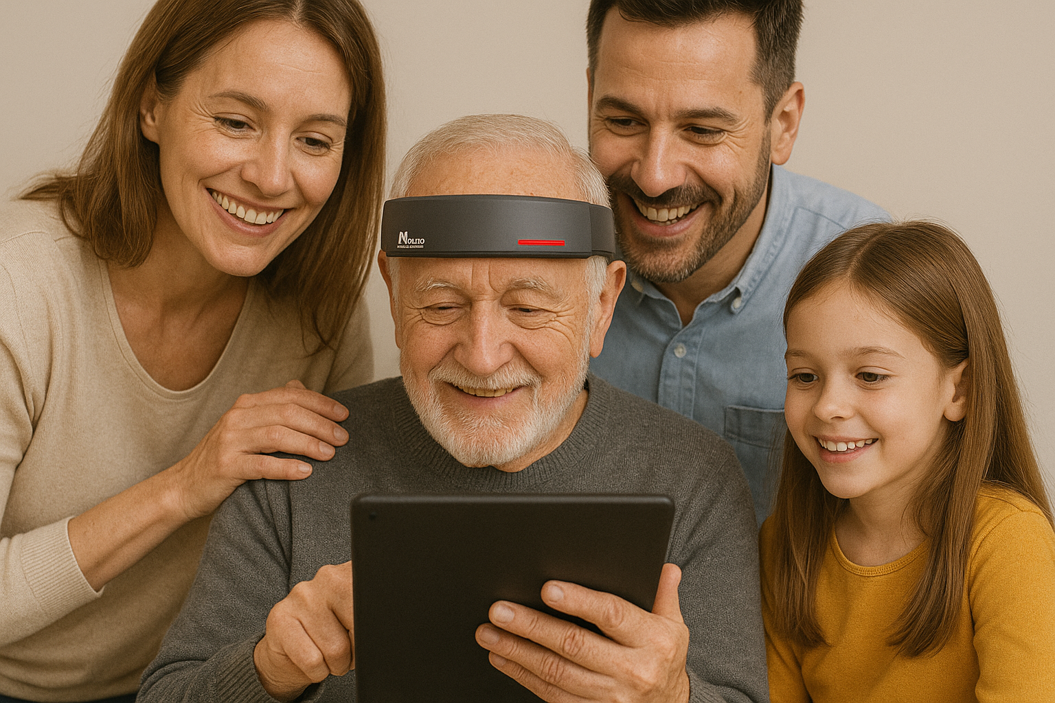 高齢者と家族が一緒にSenzebandを楽しむ様子